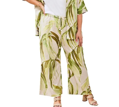 Tribal Plus Printed Linen Flare Pull-On Ankle Pants