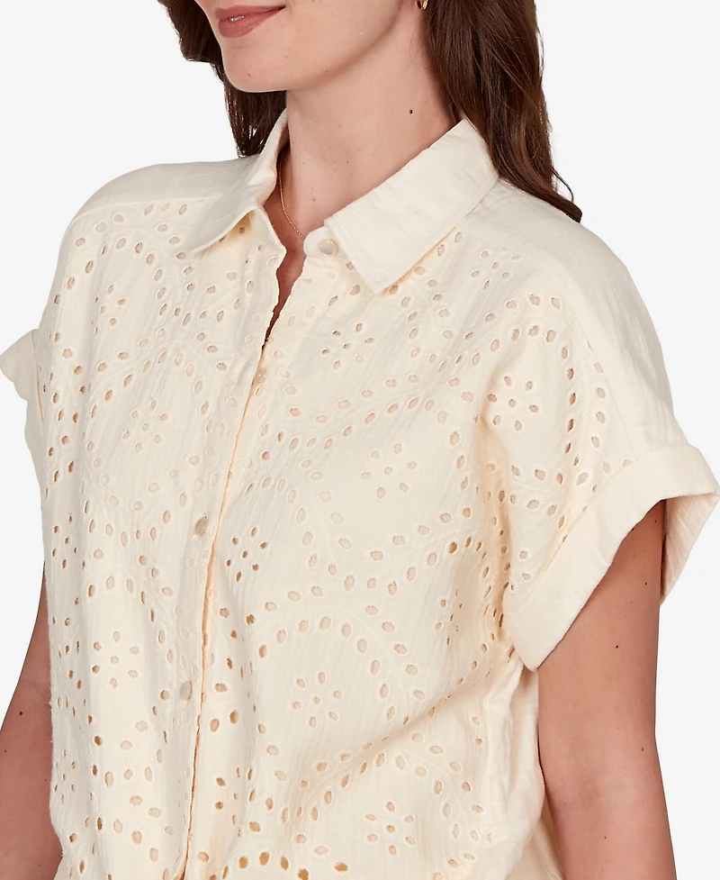 Ruby Rd. Petite Eyelet Front Gauze Tie-Front Shirt