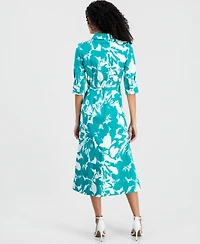 Anne Klein Women's Elbow-Sleeve Waist Tuck Midi Shirtdress