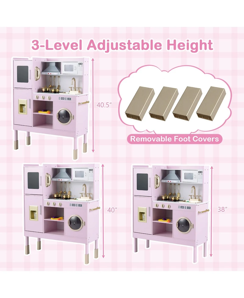 Mecale Pretend Play Kitchen Toy with Range Hood, Ice Maker & Telephone for Kids Role Play