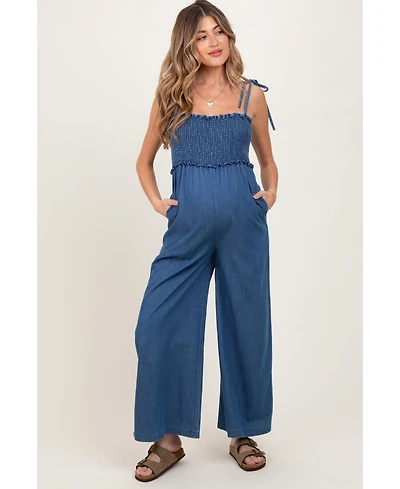 Pinkblush Maternity Chambray Shoulder Tie Smocked Jumpsuit