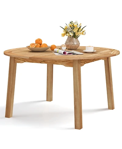 Gymax Round Patio Dining Table Acacia Wood Outdoor Dining Table w/ 2'' Umbrella Hole