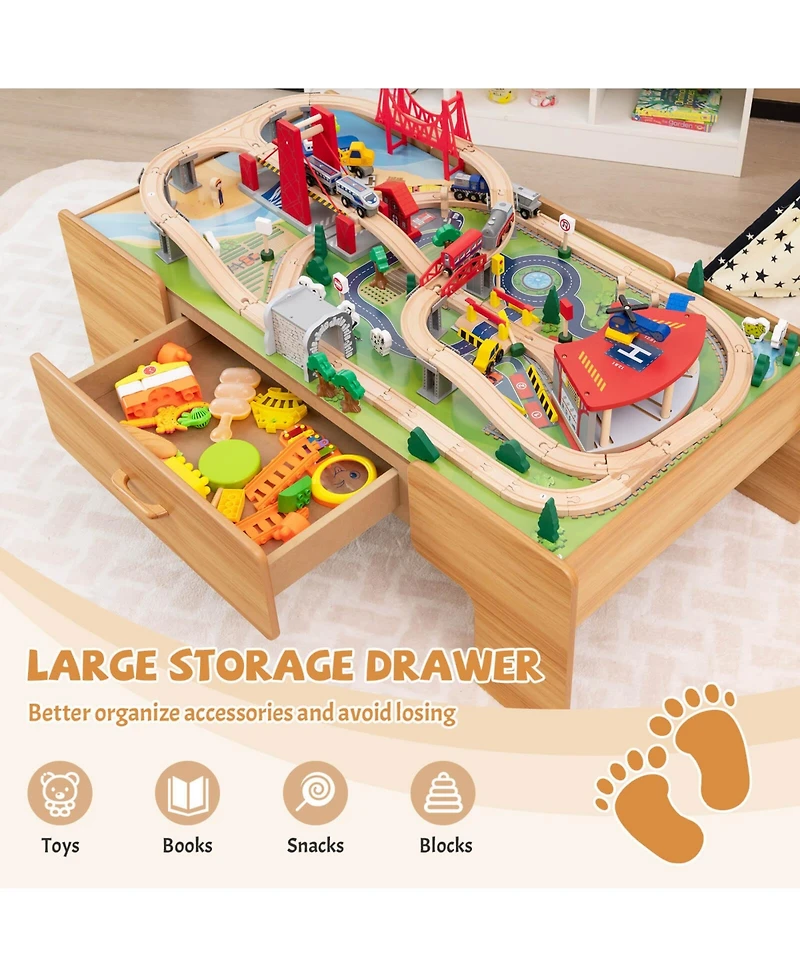 Mecale 100-Piece Double-Sided Wooden Train Table Set with Storage Drawer, Ages 3