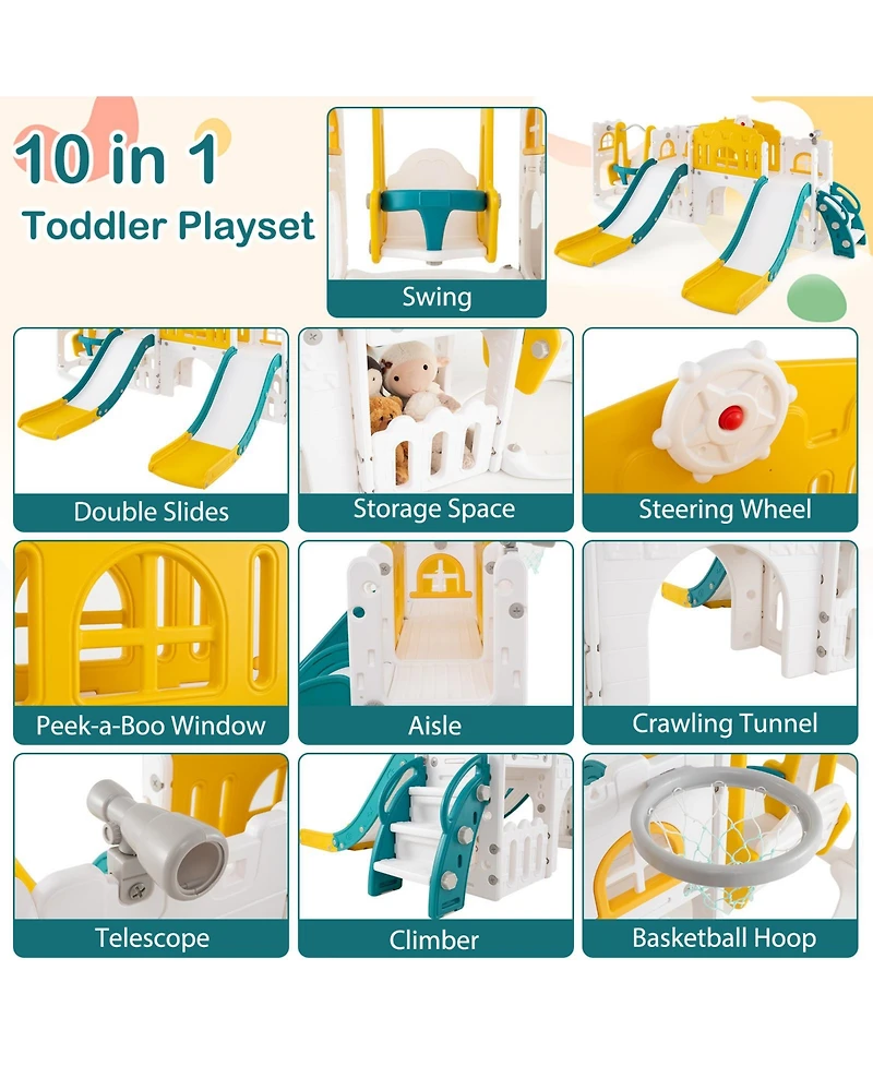 Mecale 10-in-1 Toddler Slide and Swing Set with 2 Slides and Tunnel
