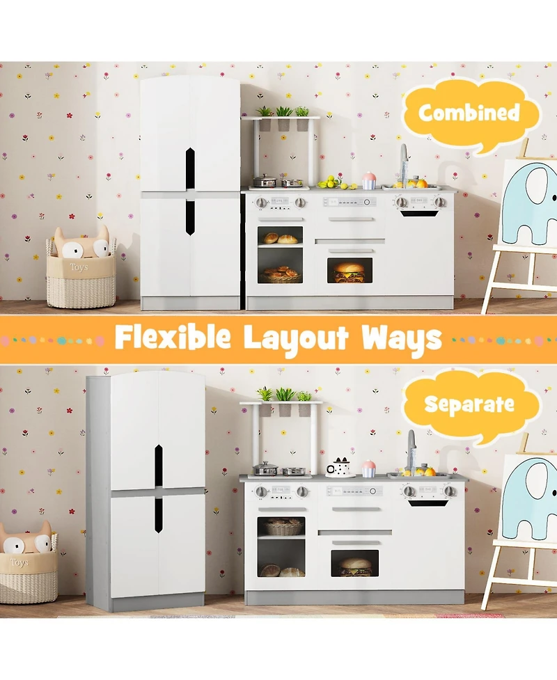 Mecale Wooden 2-Piece Kids Kitchen Playset with Fridge & Running Water for Imaginative Play