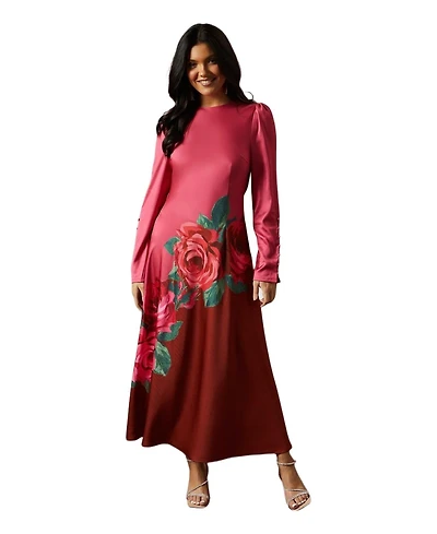 Oasis Women's Premium Satin Placement Print Maxi Dress