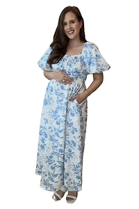 Pinkblush Maternity Teal Floral Puff Sleeve Midi Dress