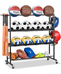 Mythinglogic Basketball Rack, Ball Storage with Baseball Bat Holder, Rolling Ball rack with Removable Nylon Mesh for Various Ball Sizes