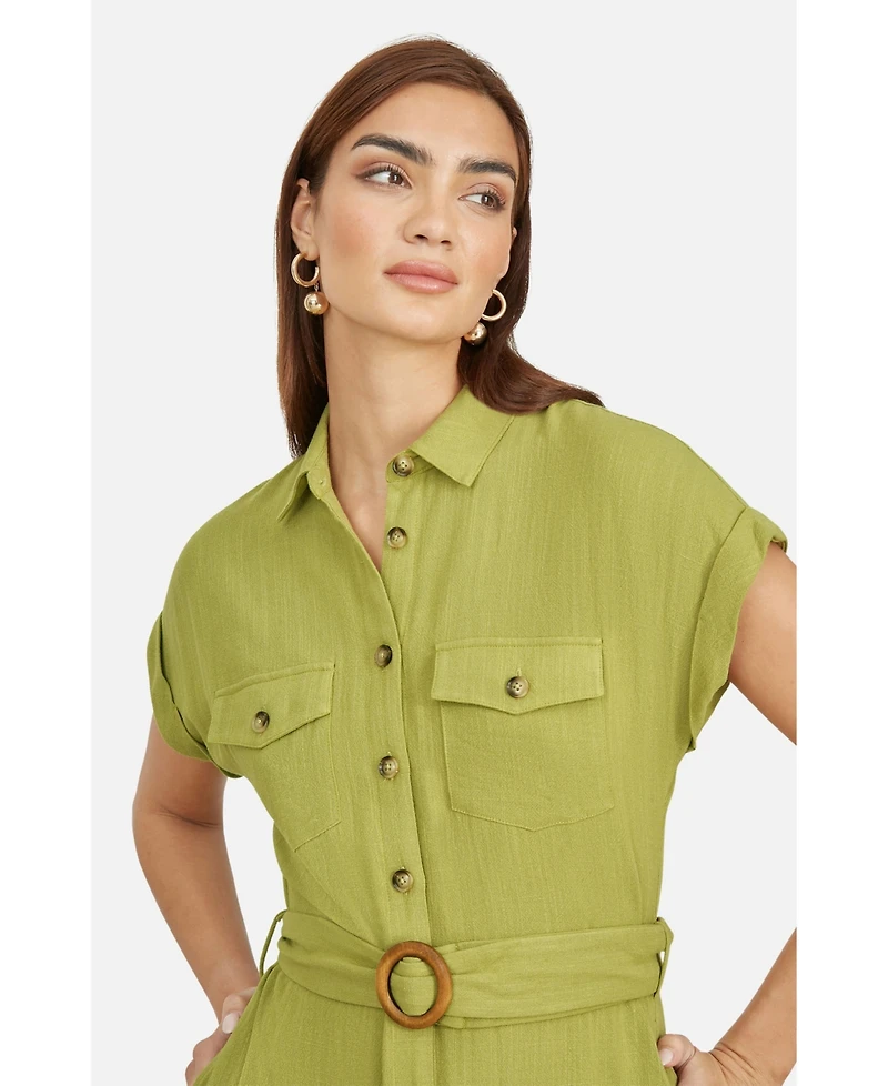 Yumi Women's Viscose Linen Look Midi Shirt Dress