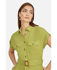 Yumi Women's Viscose Linen Look Midi Shirt Dress