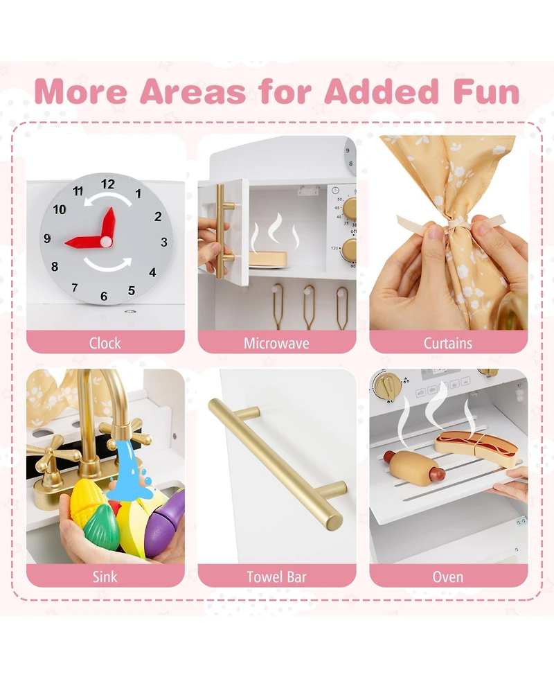 Mecale Play Kitchen for Kids, Wooden Chef Pretend Playset with 3 Adjustable Heights & Microwave