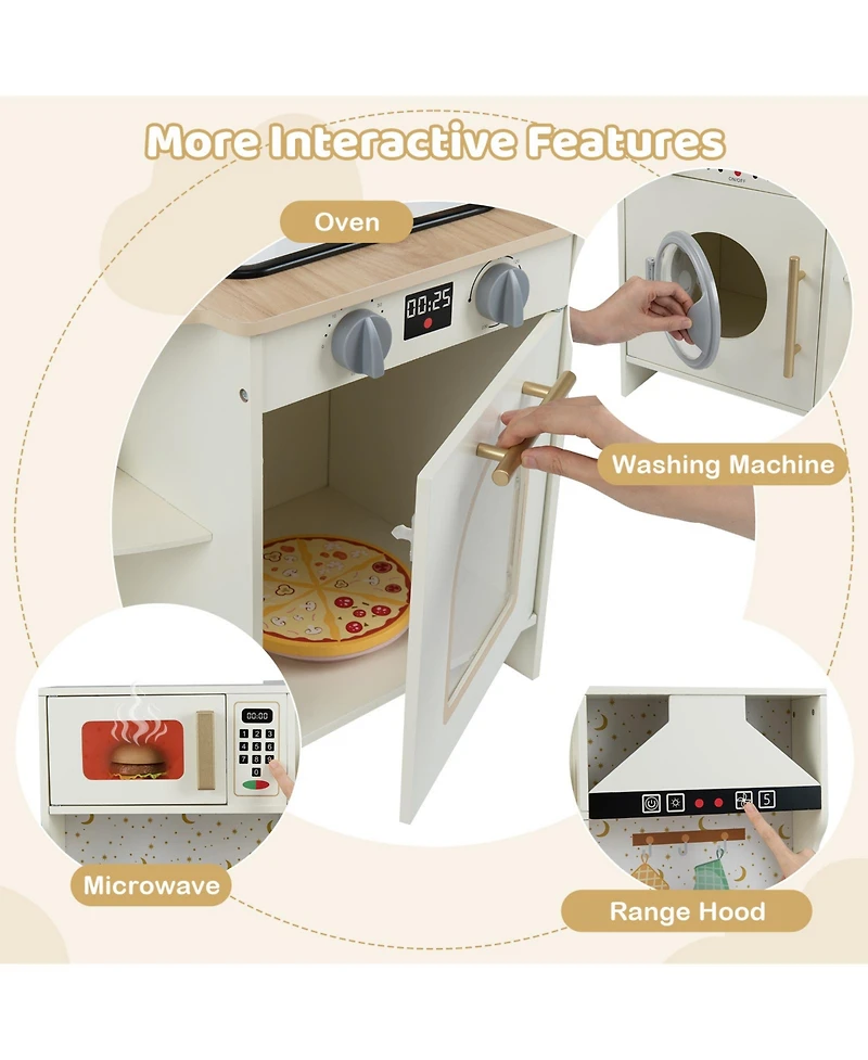 Mecale Kids Play Kitchen, Wooden Corner Kitchen Playset with Working Faucet & Sink