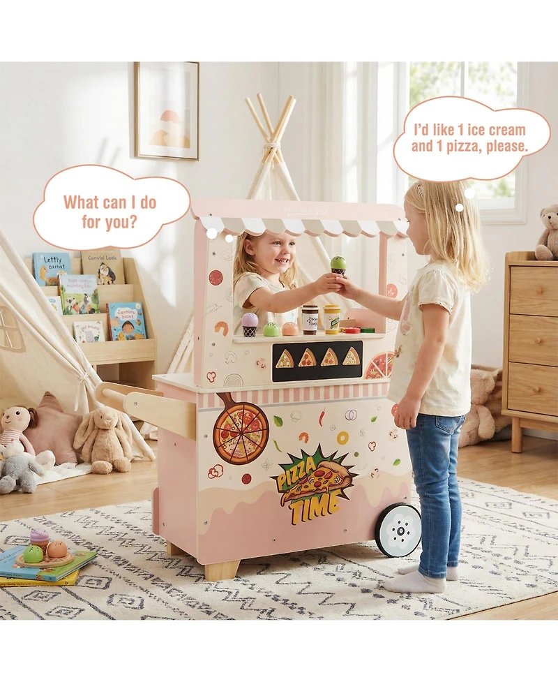 Mecale Kids Pizza Food Truck Wooden Pretend Snack Cart with Oven for Fun Role Play
