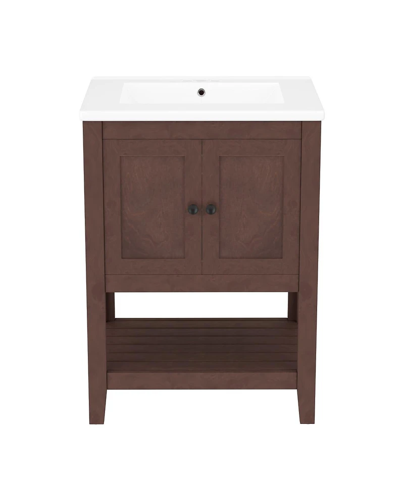 Sillysis 24" Bathroom Vanity with Ceramic Sink, Solid Wood Frame, Open Shelf Storage for Modern Small Spaces