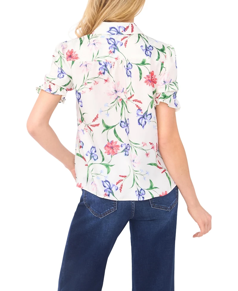 CeCe Women's Puff Sleeve Button Down Collared Top