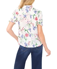 CeCe Women's Puff Sleeve Button Down Collared Top