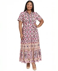 London Times Plus Size Placement Print Short-Sleeve Dress