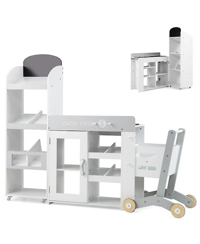 Mecale Kids Grocery Store Playset, Convertible Wooden Play Store with Shopping Cart for Pretend Play