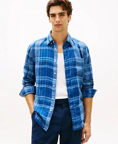 Tommy Hilfiger Men's Linen Collared Plaid Shirt