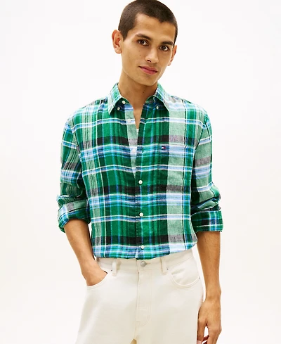 Tommy Hilfiger Men's Linen Collared Plaid Shirt