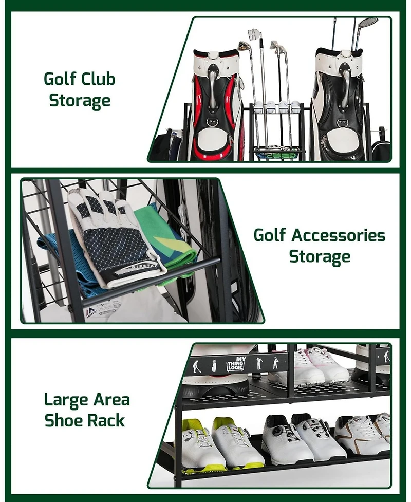 Mythinglogic 2 Golf Bag Storage Organizer, Golf Bag Stand and Other Golfing Equipment Rack for Garage, Extra Storage Rack Design for Golf Clubs