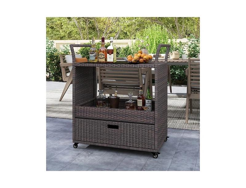 Slickblue Patio Wicker Bar Cart with Durable Tempered Glass Tabletop