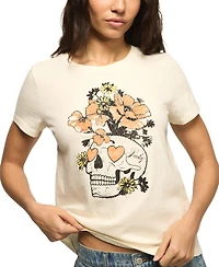 Lucky Brand Women's Floral Skull Printed Classic Fit Crew Neck T-Shirt