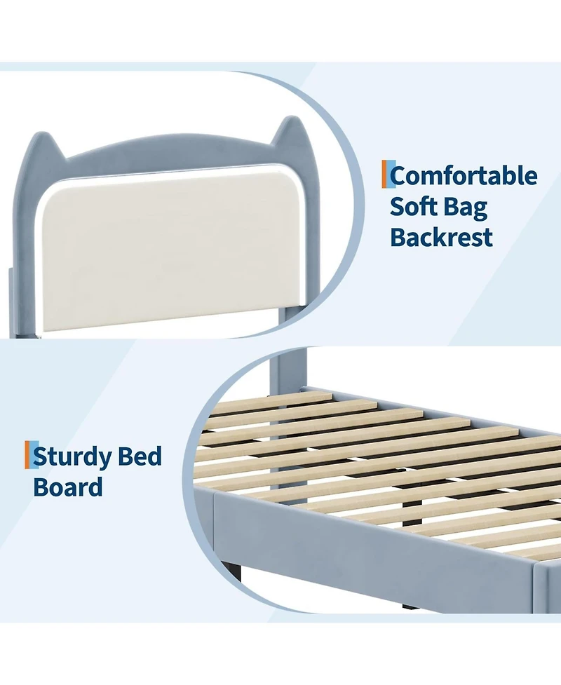 gaomon Twin Size Bed Frame with Cat Headboard, Twin Platform Bed Frame with Grb Led Lights & Strong Wood Slats Support, Noise Free