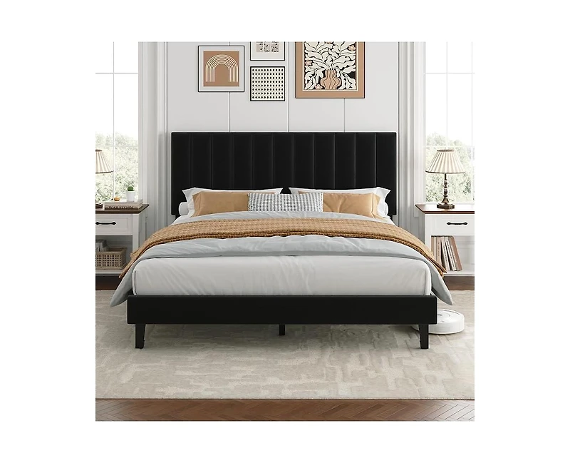 gaomon Bed Frame, Velvet Upholstered Platform with Adjustable Vertical Channel Tufted Headboard
