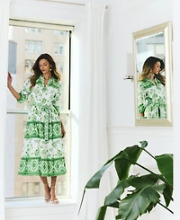 T Tahari Women's Split-Neck Tiered Dress