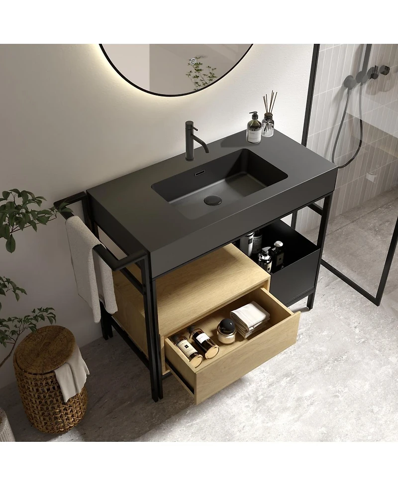 Sillysis 36'' Industrial Bathroom Vanity with Artificial Stone Sink, Modern Freestanding Bathroom Vanity without Faucet