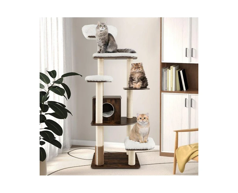 Aostirmotor 7-Layer Wooden Cat Tower with Sisal Posts & Cozy Condo, Tall Indoor Cat Tree for Climbing & Play