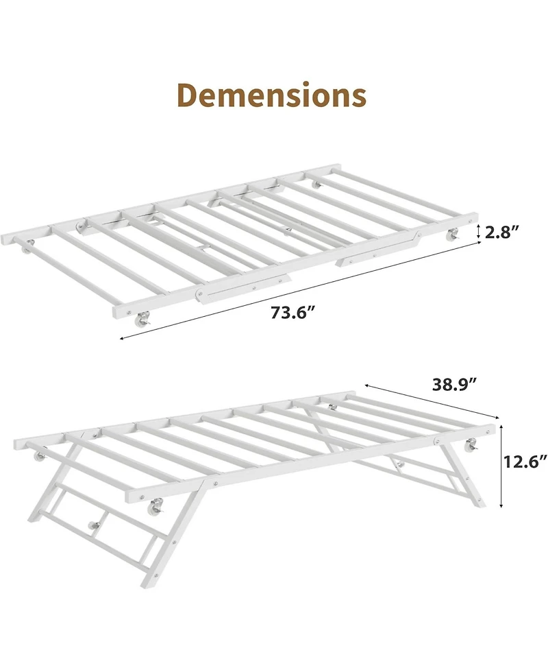 gaomon Twin Pop Up Trundle Bed Frame,Trundle Day Bed with Lockable Casters,Foldable Metal