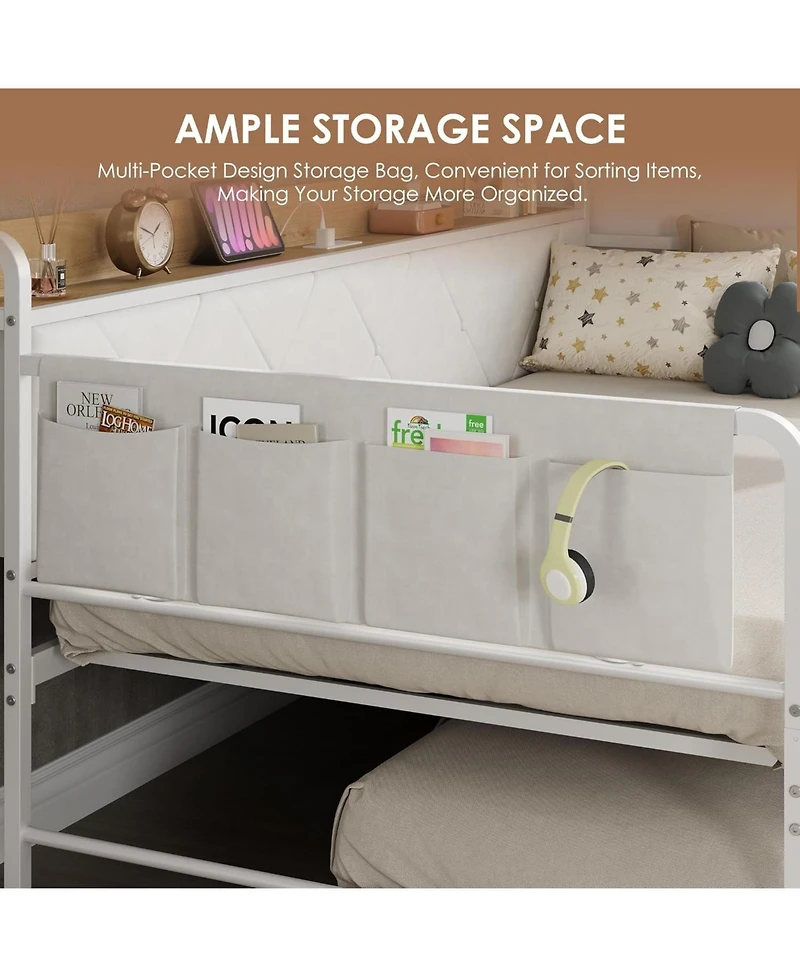 gaomon Daybed with Trundle and Led Light, Twin Size Bed Frame with Upholstered Headboard and Charging Station, Metal Frame Sofa Day Bed for Bedroom