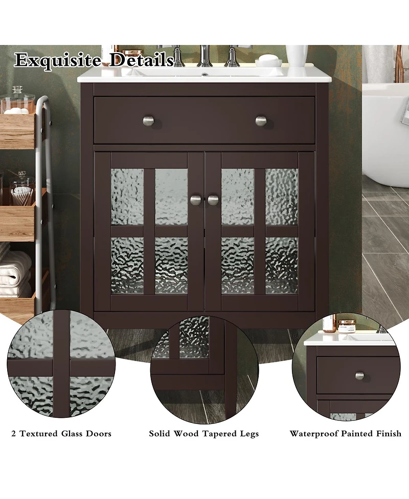 Sillysis Bathroom Vanity with Sink, Modern Solid Wood Cabinet with Textured Glass Doors, Flip-Out Tray & Adjustable Shelf