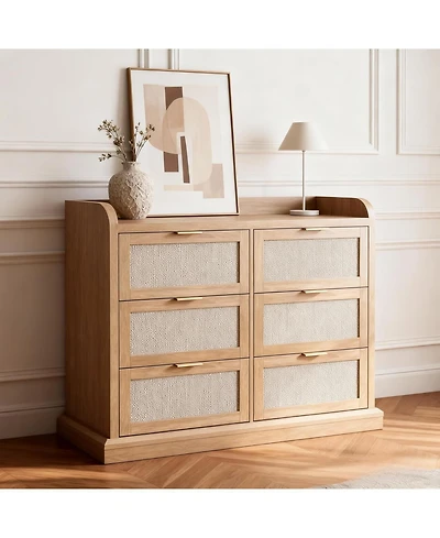 gaomon Farmhouse 6 Drawer Dresser for Bedroom, Rattan Chest of Drawers with Storage, Large Dresser Chest of Drawers