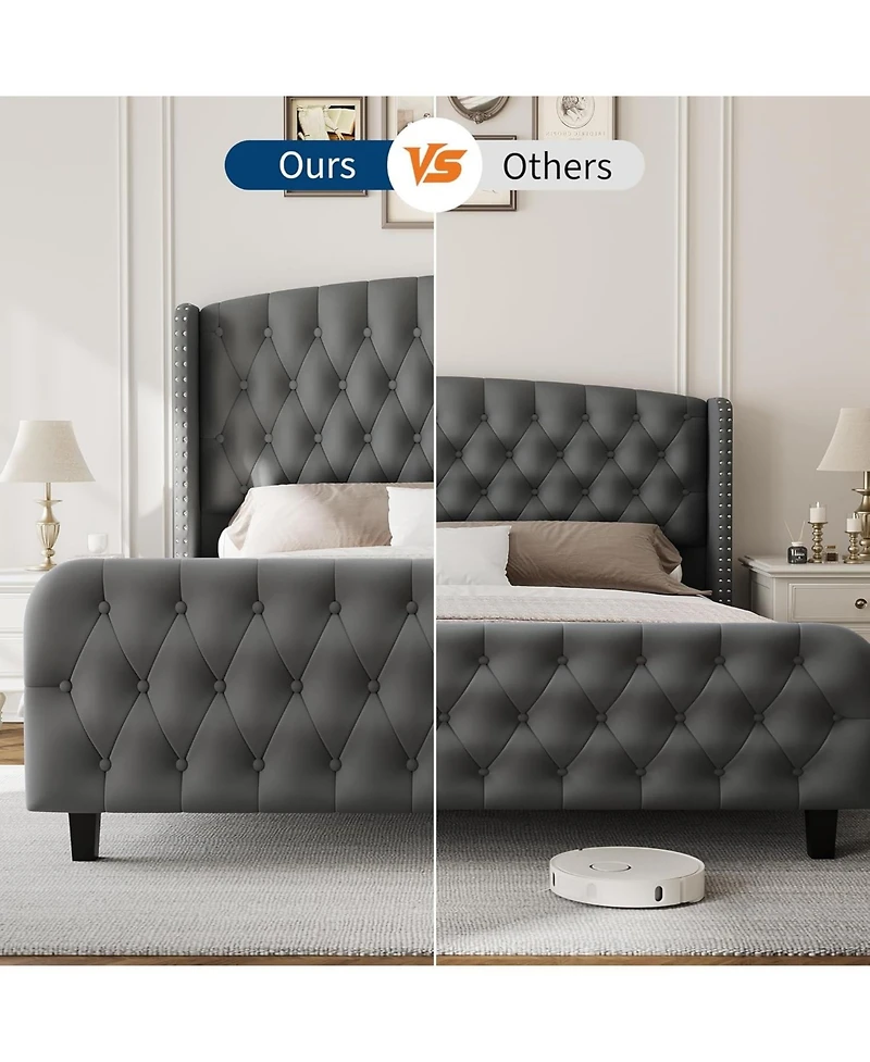 gaomon Bed Frame with Deep Button Tufted Wingback Headboard and Footboard, Velvet Upholstered Platform Bed Frame