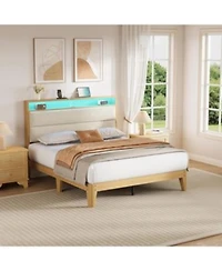 Gaomon Boucle Bed Frame Bed Frame With Rgb Led Light Charging Station 2 Tier Storage Headboard Sturdy Wooden Slats