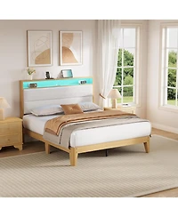 gaomon Boucle Bed Frame, Frame with Rgb Led Light & Charging Station, 2-Tier Storage Headboard and Sturdy Wooden Slats