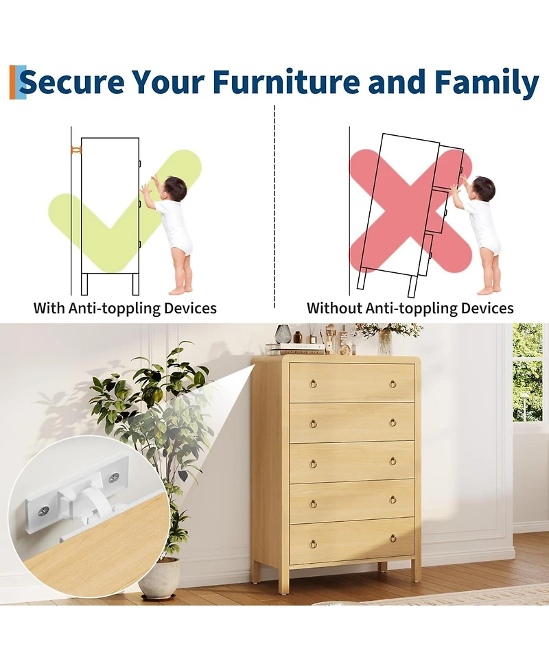 gaomon 5 Drawer Dresser, Storage Chest of Drawer, Drawer Chest Bedroom Organizer Cabinet with Gold Ring Pulls, Mid-Century Modern for Bedroom, Nursey