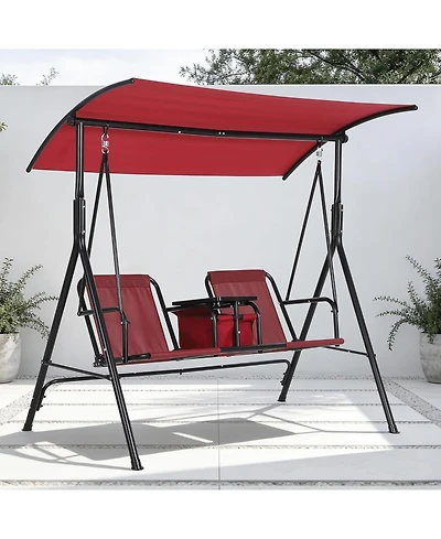 gaomon 2-Person Porch Swing with Cup Holders, Pivot Storage Table & Cooler Bag, Adjustable Canopy, Steel Frame Outdoor Patio Swing for Backyard