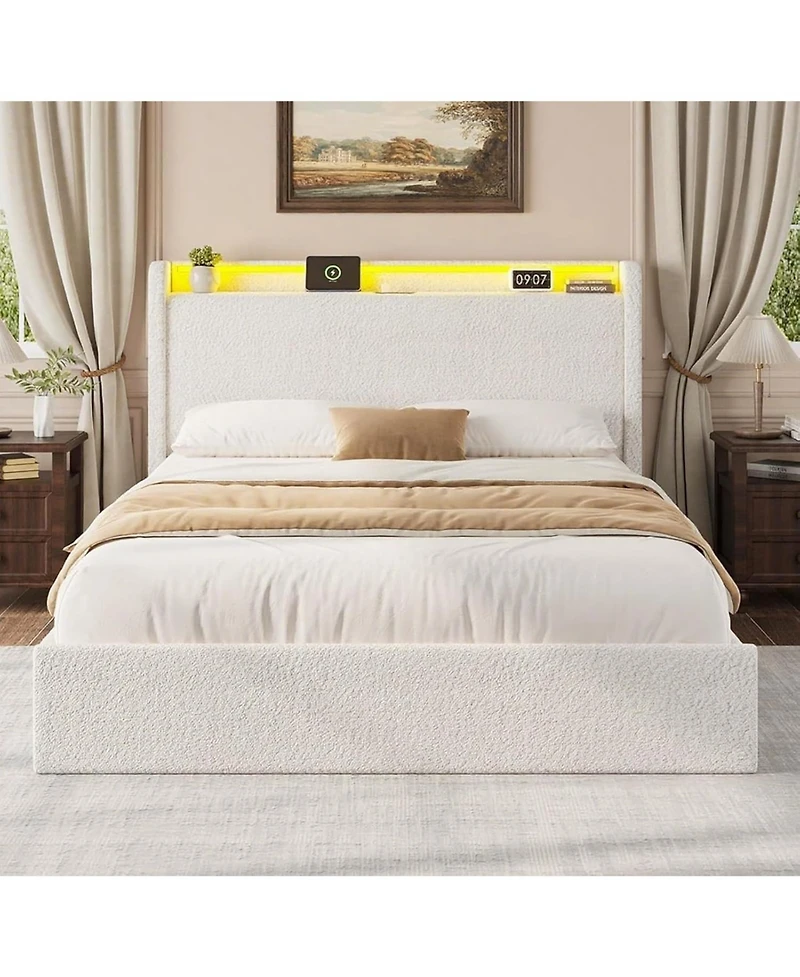 gaomon Led Bed Frame with 4 Storage Drawers and Headboard, Soft Boucle Upholstered Platform Charging Station Usb