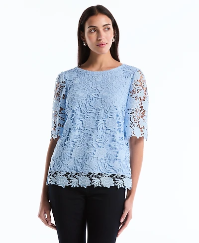 Rafaella Petite Scalloped Elbow-Sleeve Lace Top