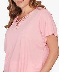Hearts Of Palm Plus Solid Short-Sleeve Top with Keyhole Neckline