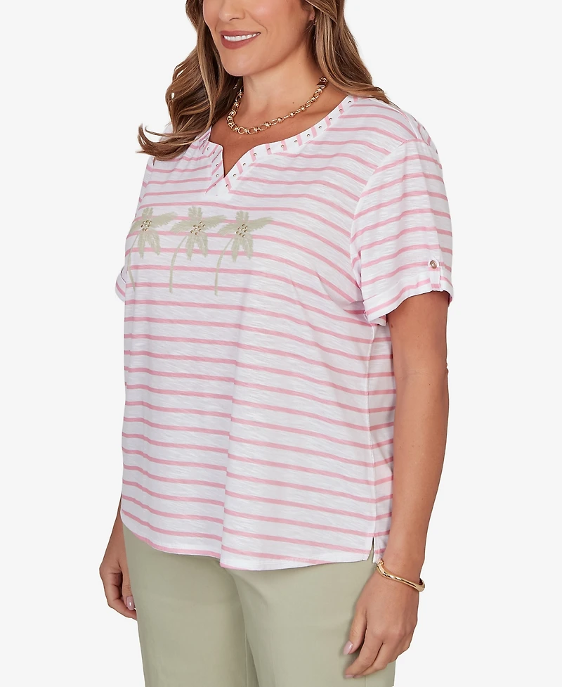 Hearts Of Palm Plus Printed Slub Top with Banded Neck
