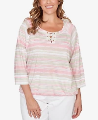 Hearts Of Palm Plus Printed Slub Blouson with Lace Up Neck