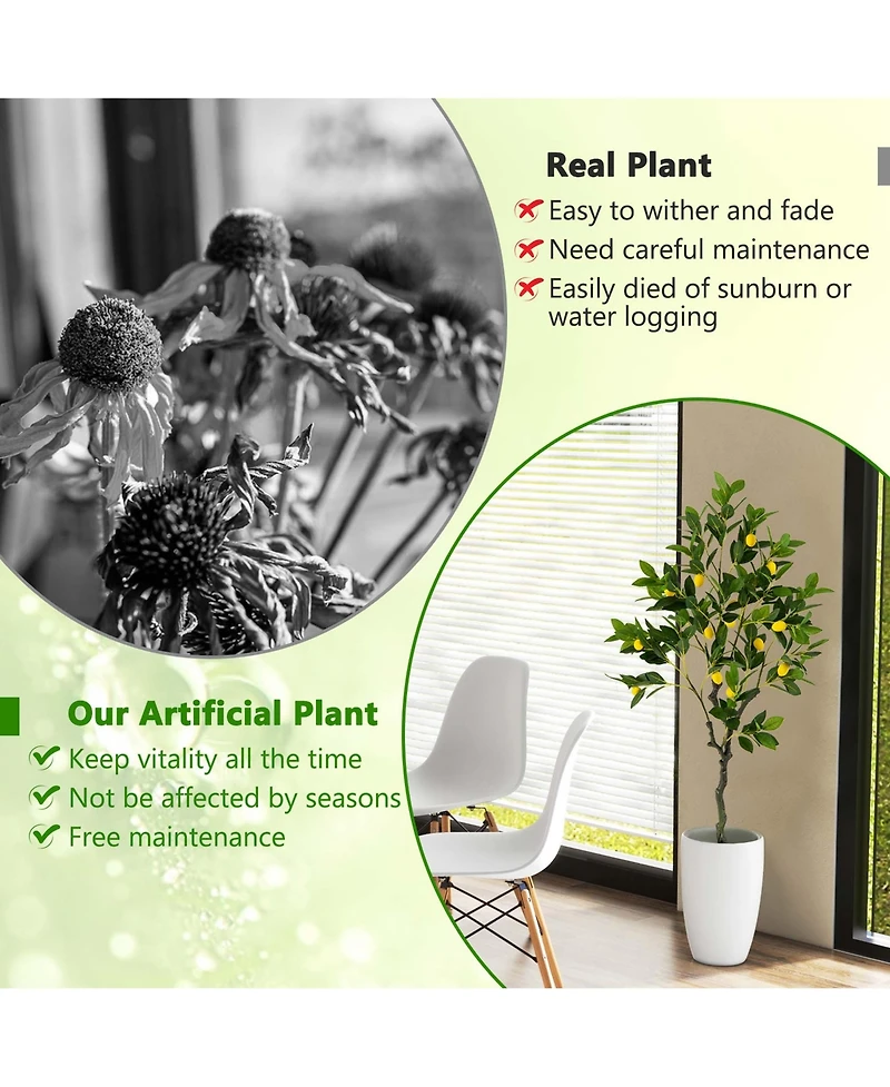 Costway 2 Pieces 4 Feet Tall Artificial Lemon Tree with Lemon Fruits, Cement Pot