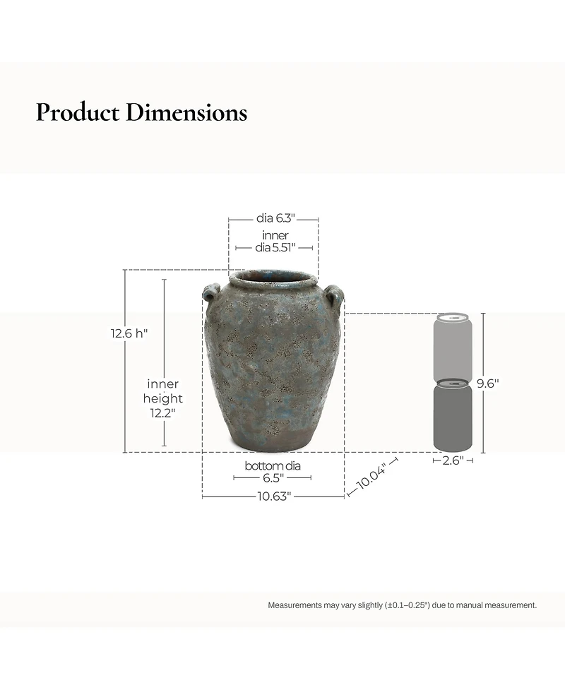 LuxenHome Antiqued Blue & Brown Terracotta Vase with Handles, 12" Tall Farmhouse Vintage Pottery