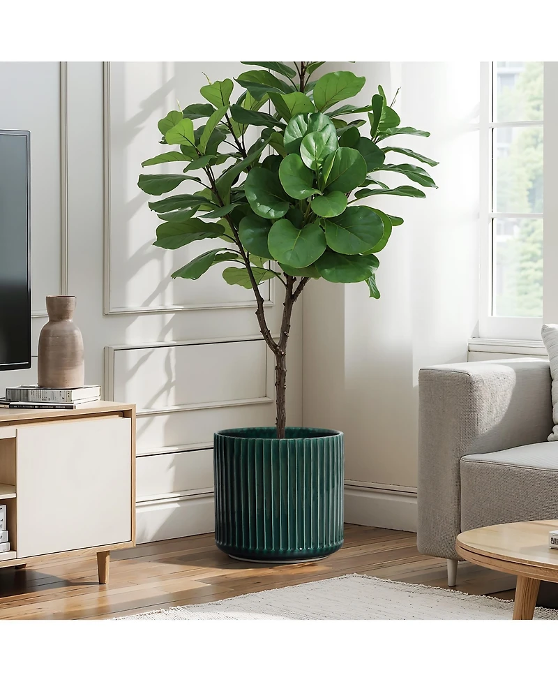 LuxenHome Jade Green Ribbed 13.8-Inch Round Ceramic Planter