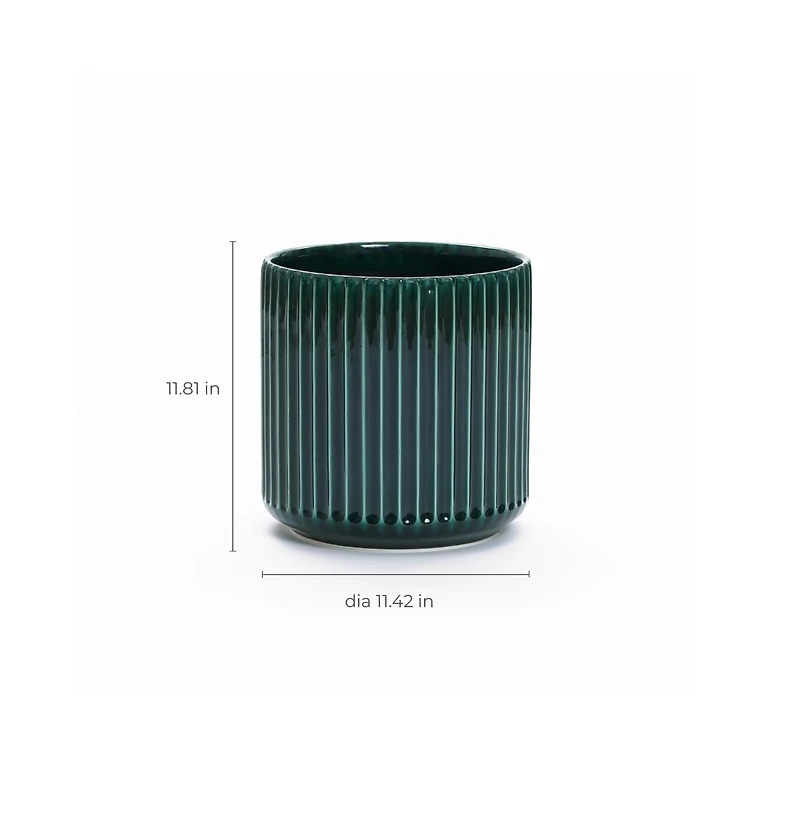 LuxenHome Jade Green Ribbed 11.4-Inch Round Ceramic Planter